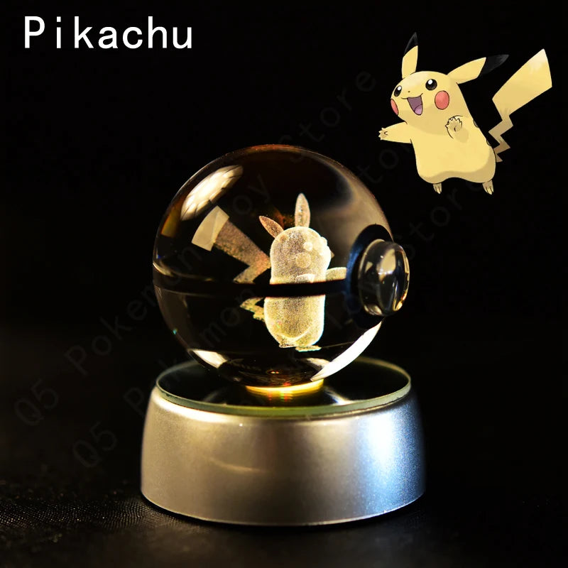 Pokémon 3D Crystal Ball with LED Base - Glass Pokéball Night Light Featuring Pikachu, Mewtwo, Charizard & More