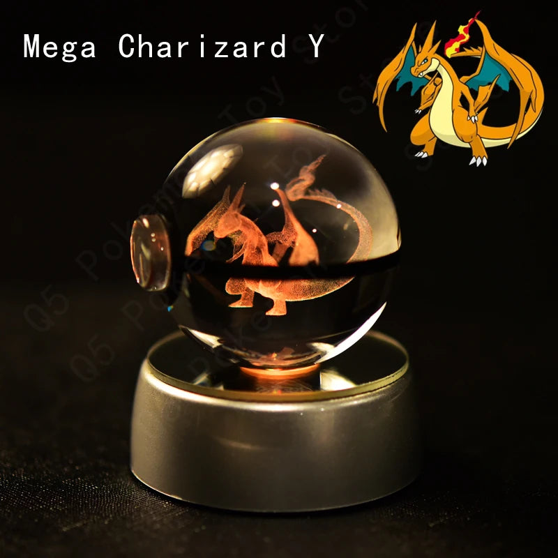 Pokémon 3D Crystal Ball with LED Base - Glass Pokéball Night Light Featuring Pikachu, Mewtwo, Charizard & More