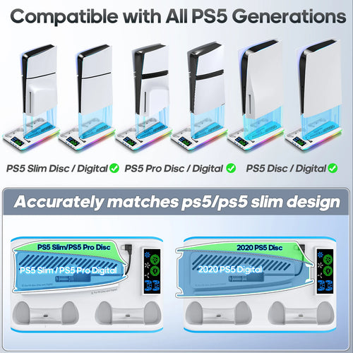 3-in-1 PS5 Stand with Dual Controller Charger and Cooling Fan for PS5/PS5 Slim/PS5 Pro