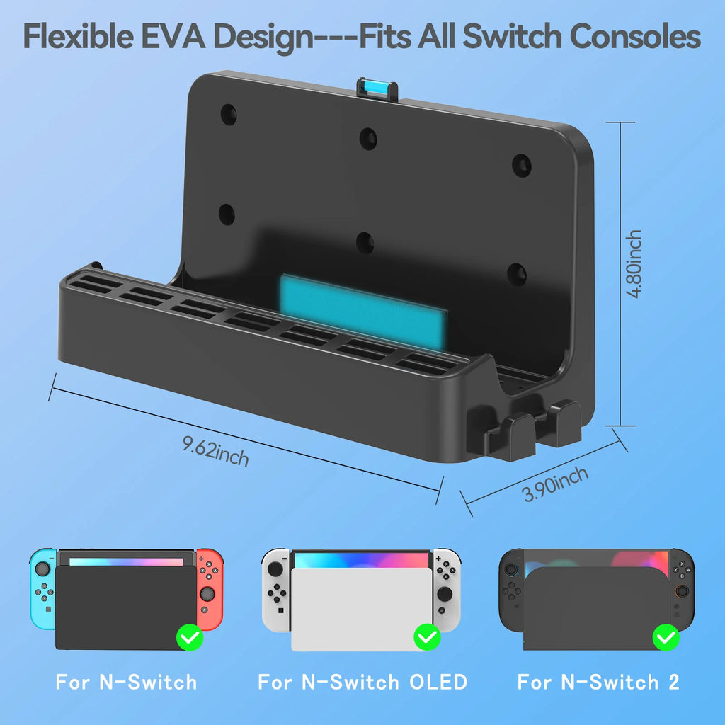 Switch 2 Wall Mount Dock Holder with 12 Game Card Storage - Universal Organizer for Switch 2, OLED & Original
