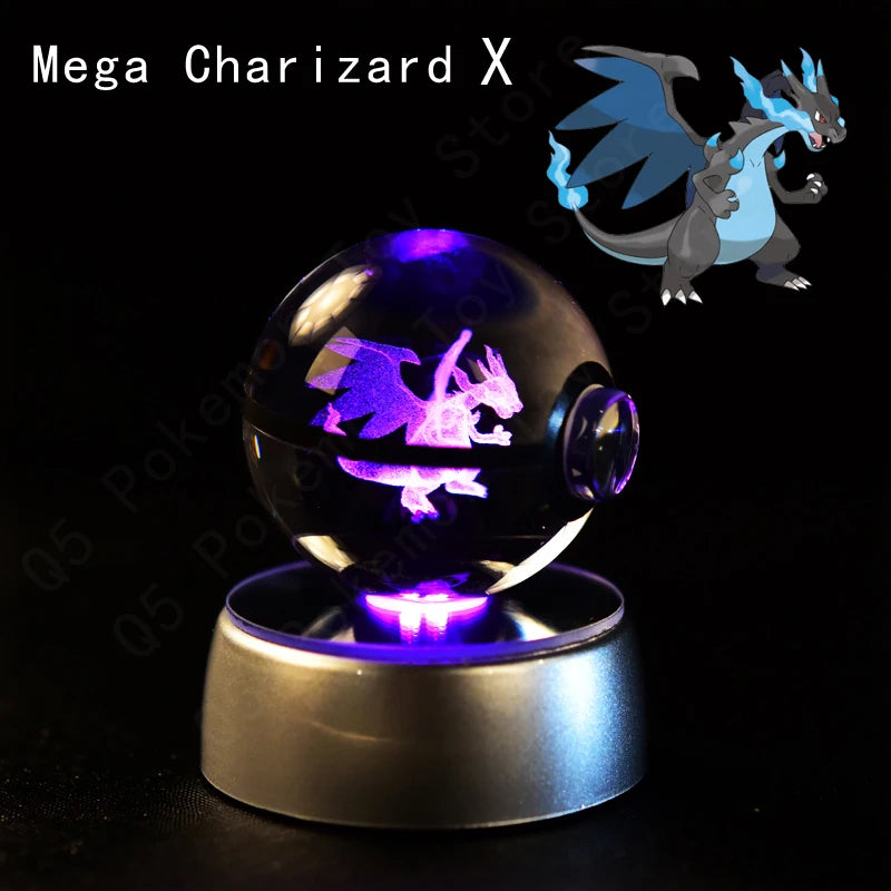 Pokémon 3D Crystal Ball with LED Base - Glass Pokéball Night Light Featuring Pikachu, Mewtwo, Charizard & More