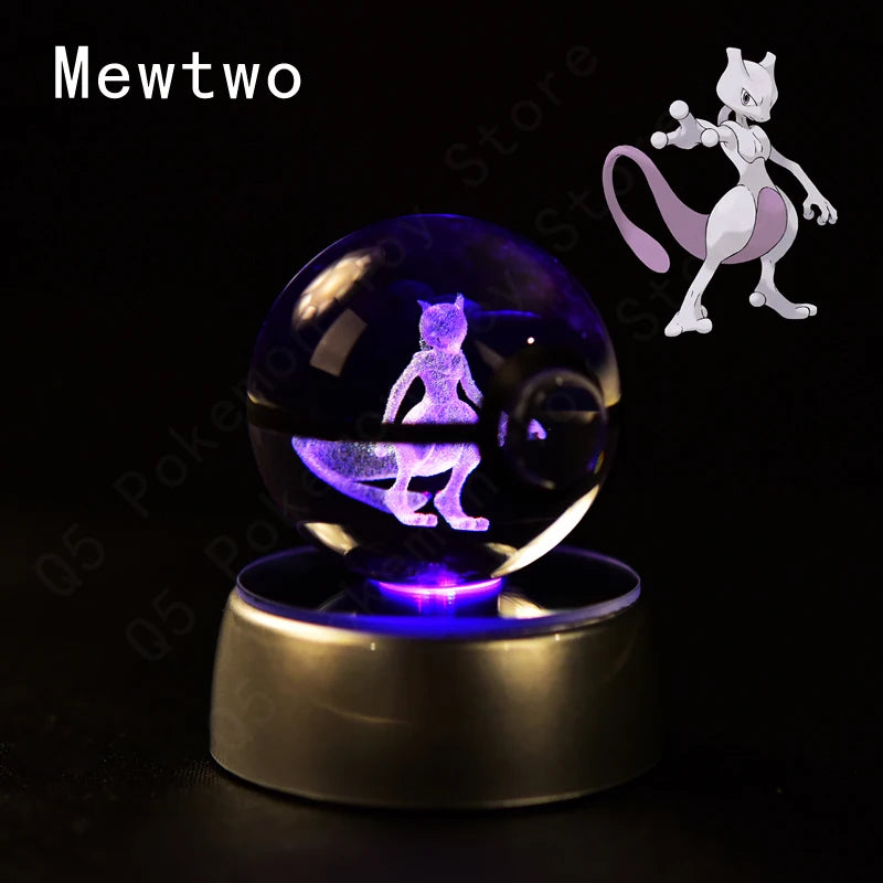 Pokémon 3D Crystal Ball with LED Base - Glass Pokéball Night Light Featuring Pikachu, Mewtwo, Charizard & More