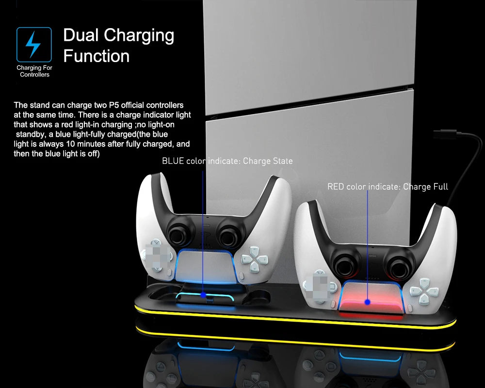 PS5 Cooling Station with RGB Light - Dual Controller Charger & 3-Speed Fan for PlayStation 5