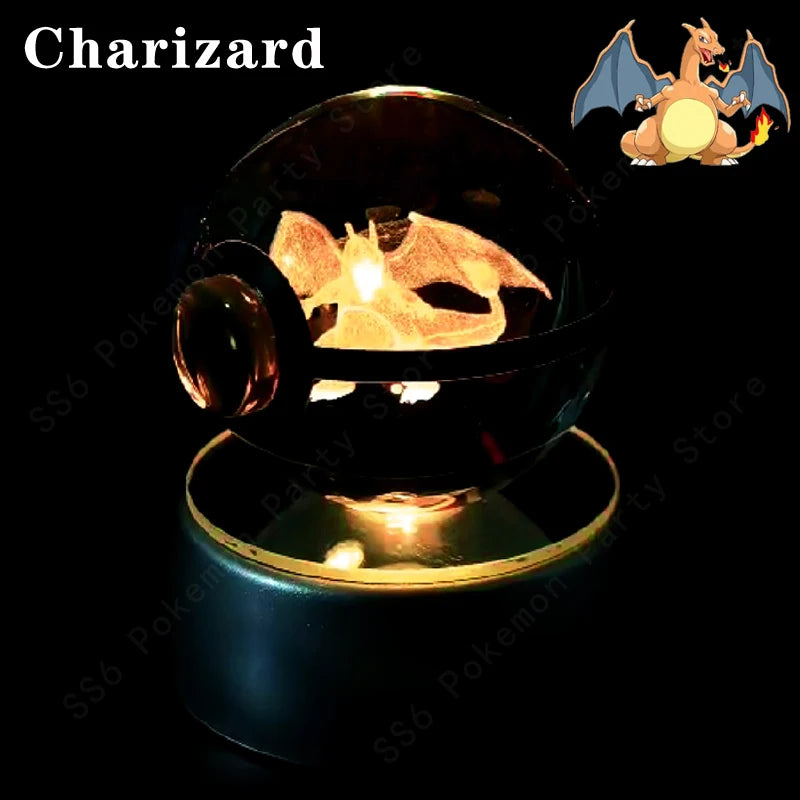 Pokémon 3D Crystal Ball with LED Base - Glass Pokéball Night Light Featuring Pikachu, Mewtwo, Charizard & More