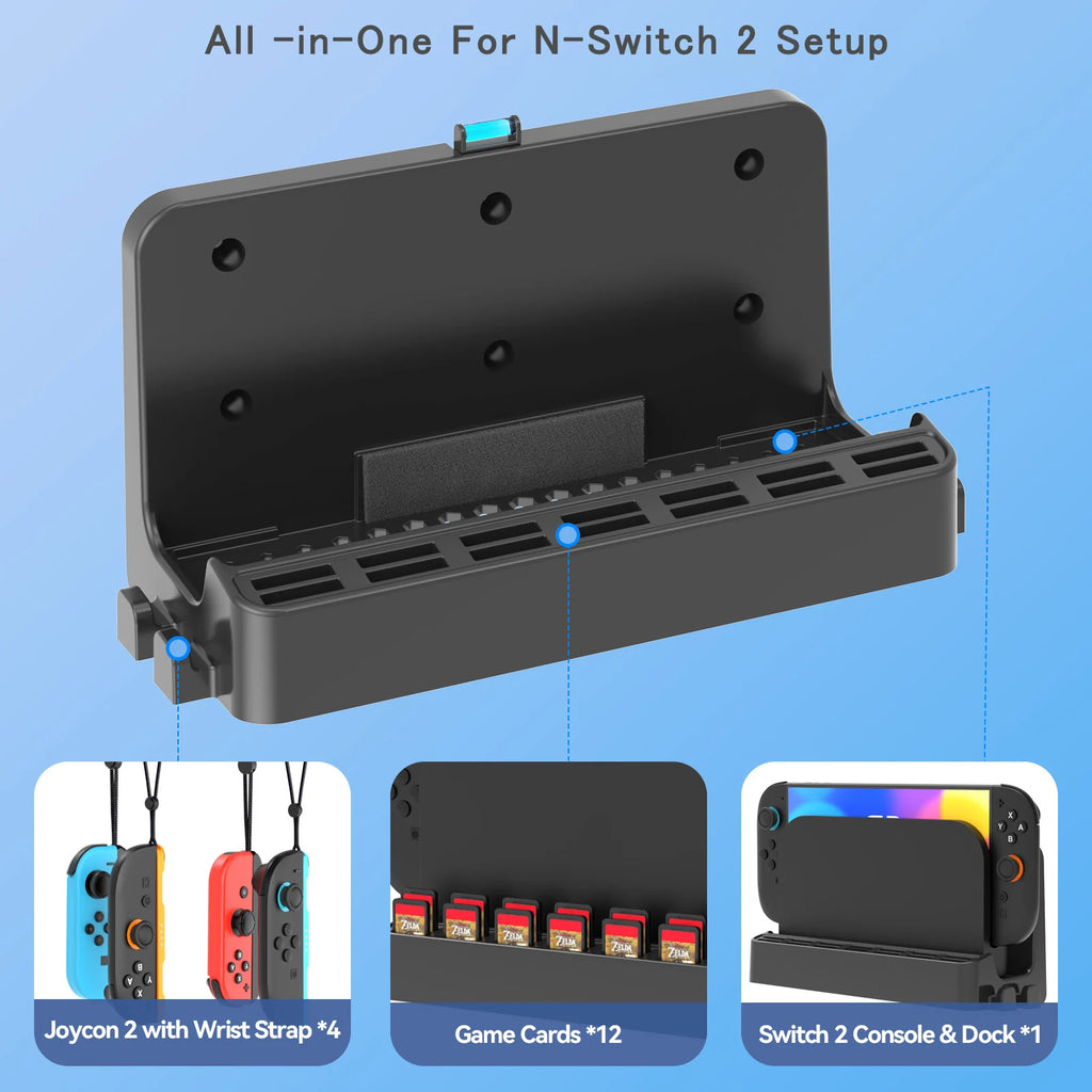 Switch 2 Wall Mount Dock Holder with 12 Game Card Storage - Universal Organizer for Switch 2, OLED & Original