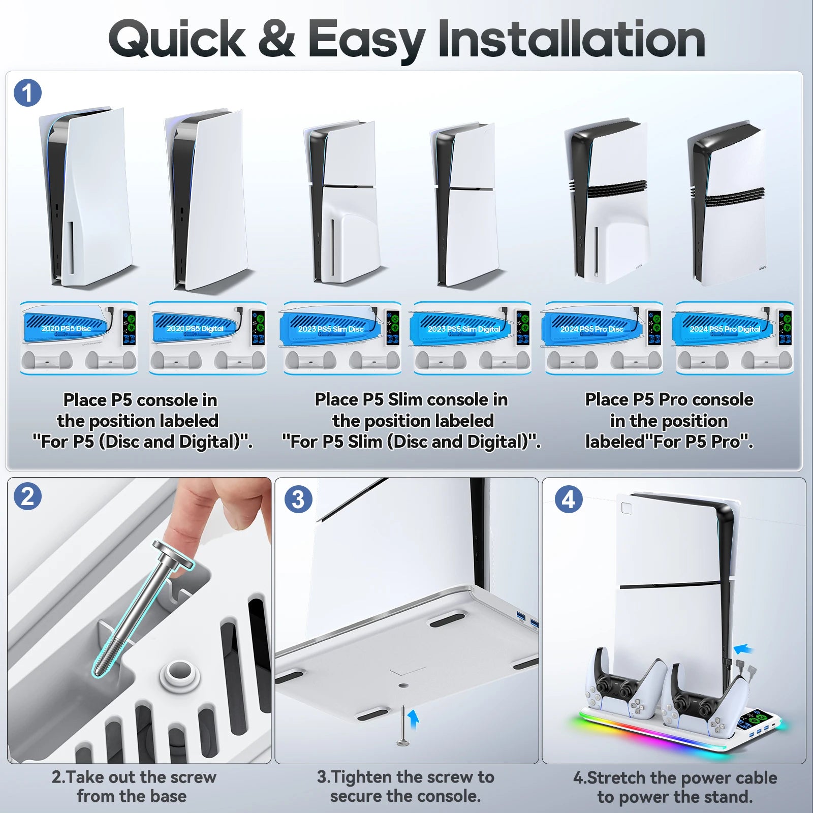 3-in-1 PS5 Stand with Dual Controller Charger and Cooling Fan for PS5/PS5 Slim/PS5 Pro
