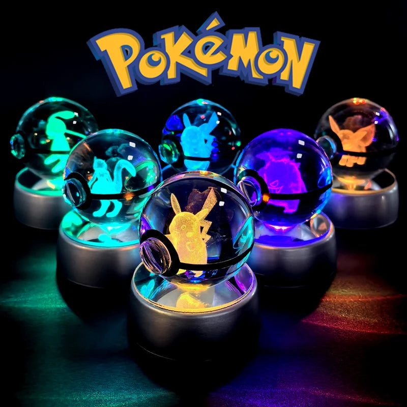 Pokémon 3D Crystal Ball with LED Base - Glass Pokéball Night Light Featuring Pikachu, Mewtwo, Charizard & More