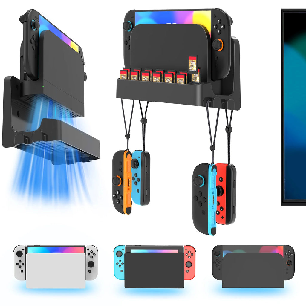 Switch 2 Wall Mount Dock Holder with 12 Game Card Storage - Universal Organizer for Switch 2, OLED & Original