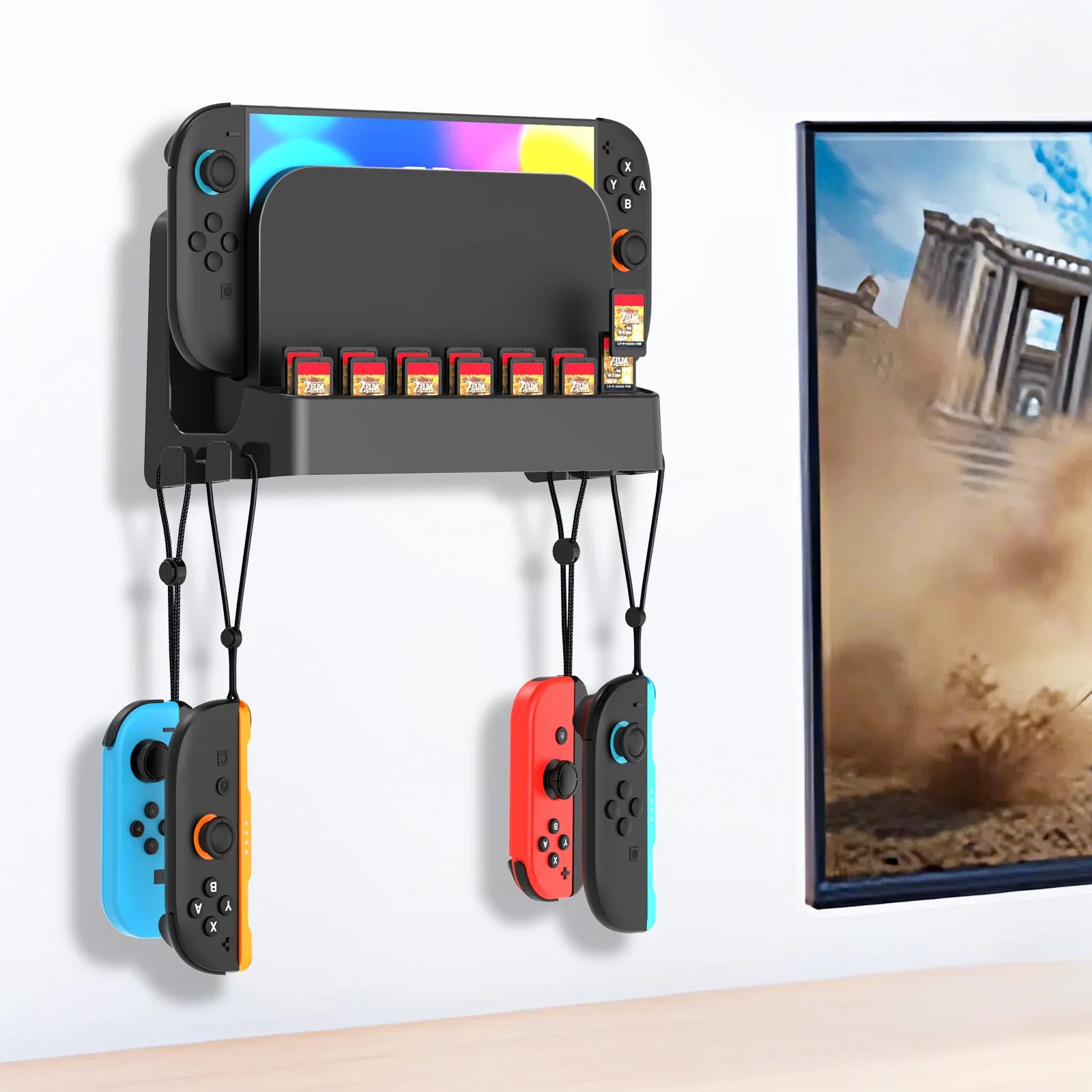 Switch 2 Wall Mount Dock Holder with 12 Game Card Storage - Universal Organizer for Switch 2, OLED & Original