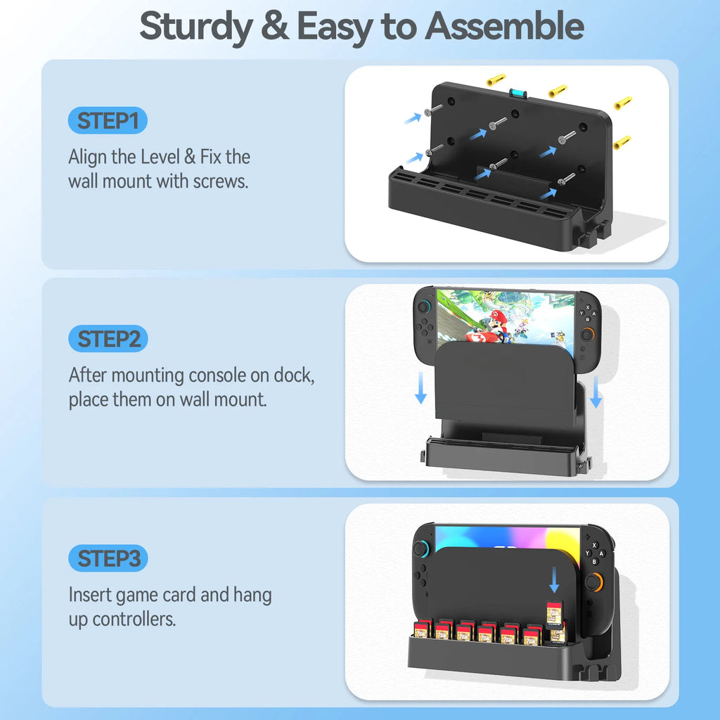 Switch 2 Wall Mount Dock Holder with 12 Game Card Storage - Universal Organizer for Switch 2, OLED & Original