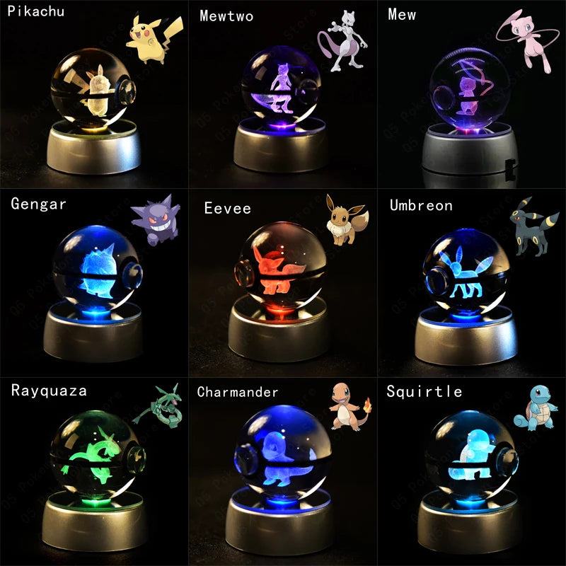 Pokémon 3D Crystal Ball with LED Base - Glass Pokéball Night Light Featuring Pikachu, Mewtwo, Charizard & More