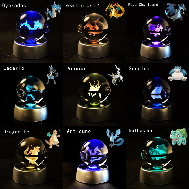Pokémon 3D Crystal Ball with LED Base - Glass Pokéball Night Light Featuring Pikachu, Mewtwo, Charizard & More