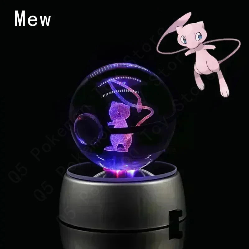 Pokémon 3D Crystal Ball with LED Base - Glass Pokéball Night Light Featuring Pikachu, Mewtwo, Charizard & More